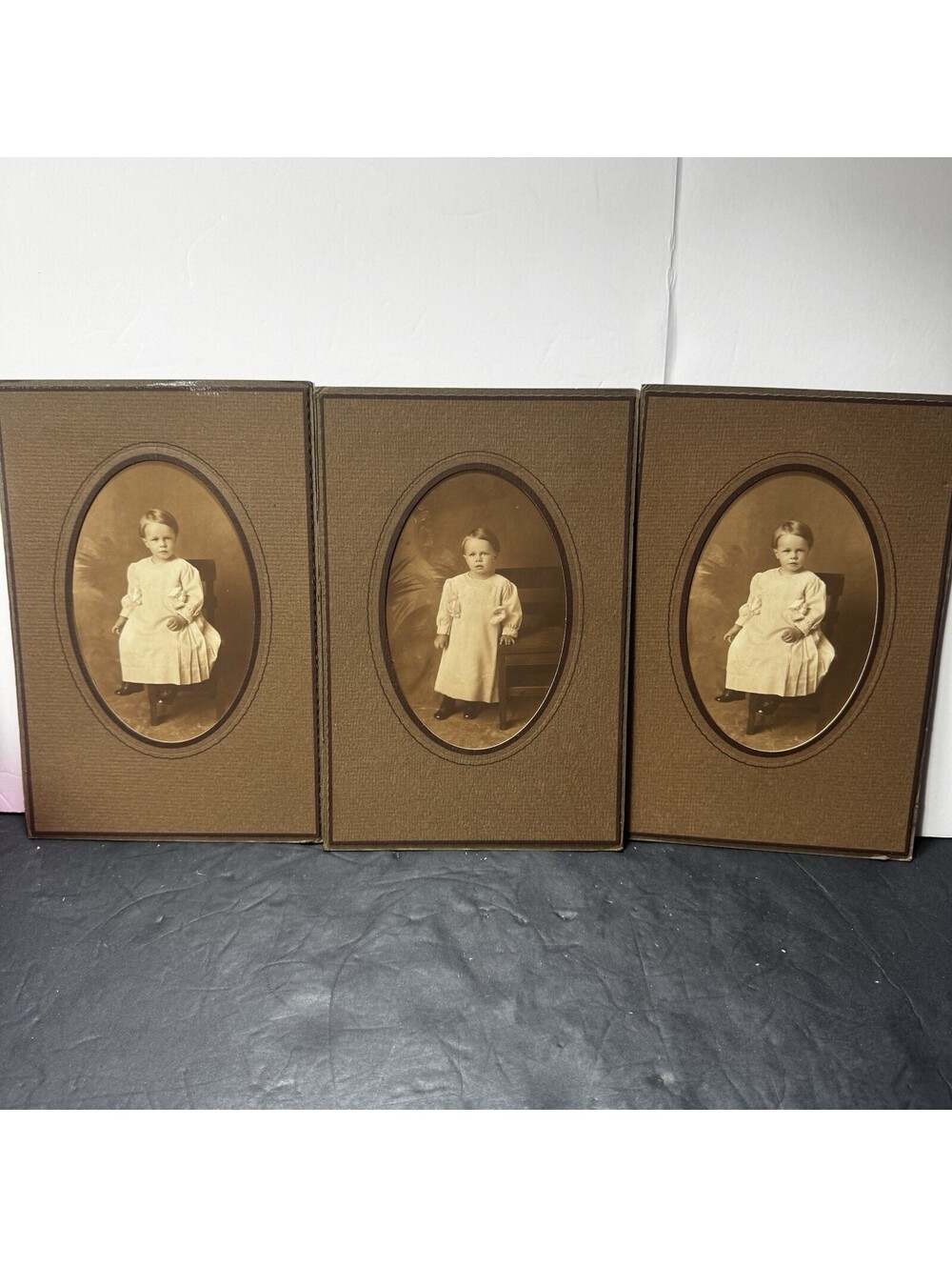 3 Antique Sepia Child Portrait Photos Oval Mounted Edwardian Era Cabinet Cards